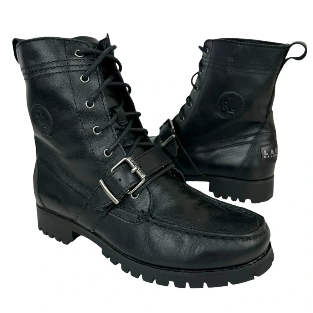 Lauren Ralph Lauren Zera Leather Lace Up Ankle Boots Black Buckle Womens Size 7B